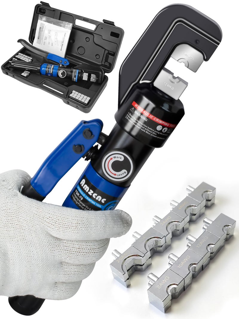 AMZCNC Hand Operated Hydraulic Crimping Tool Hydraulic Cable Lug Crimper 8 US TON 12 AWG to 00 (2/0) Electrical Terminal Cable Wire Tool Kit with 9 Die - Image 1